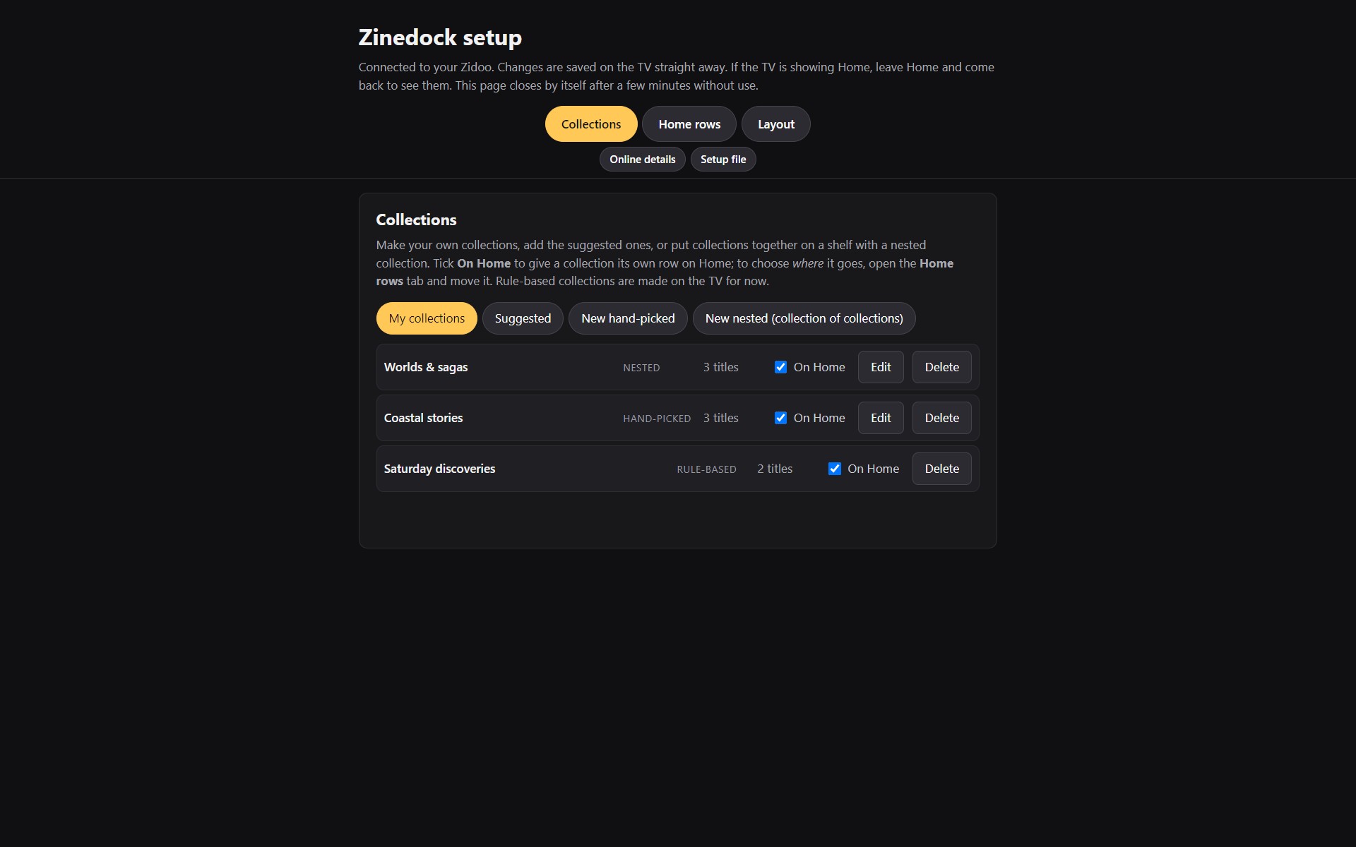 The Collections tab: each collection with a tick for On Home, and Edit and Delete buttons