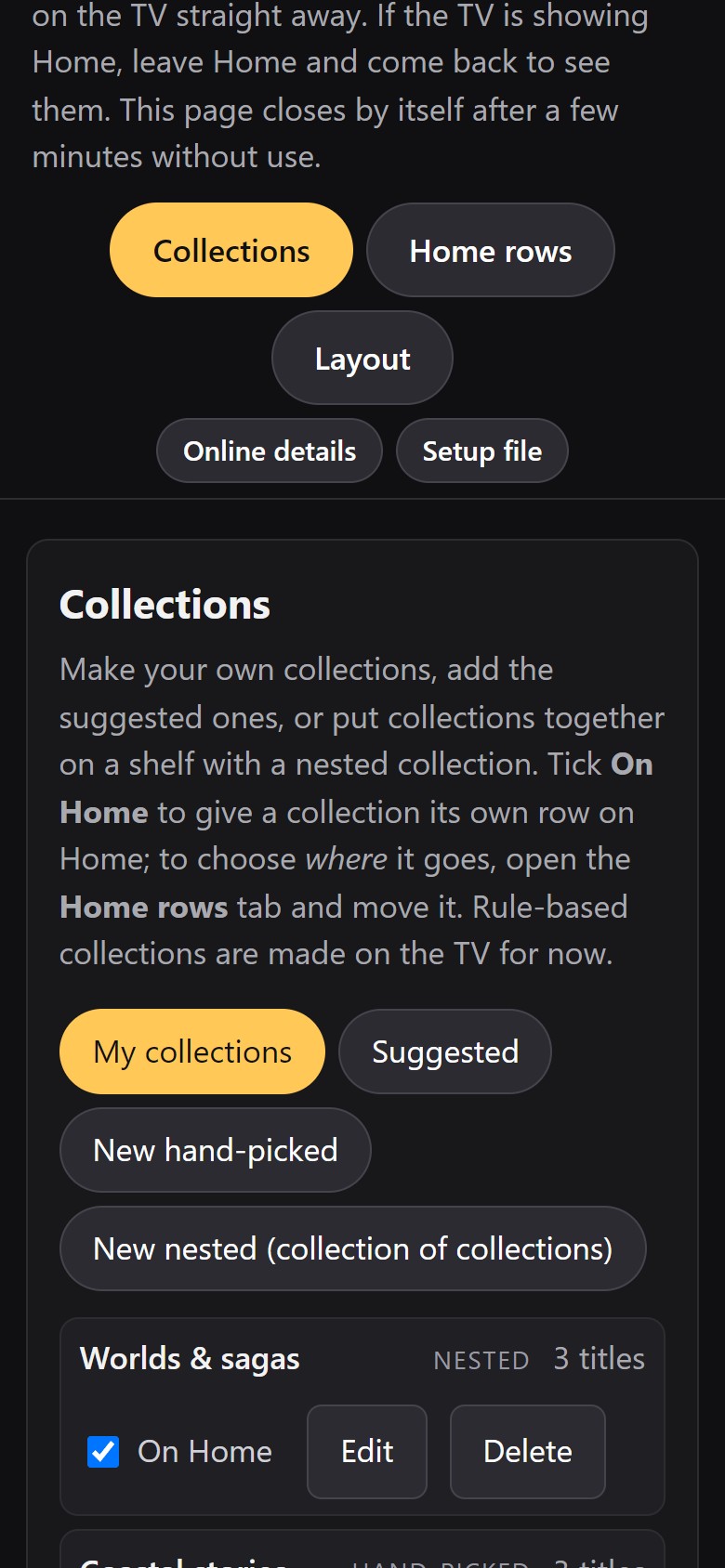 The setup page on a phone, showing collections