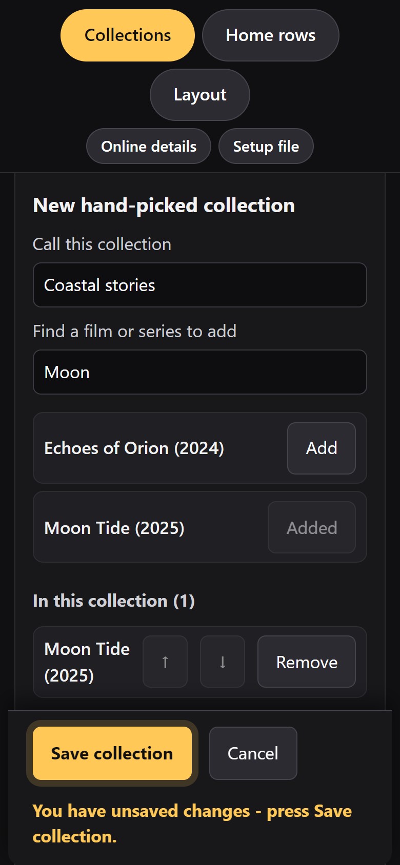 Making a hand-picked collection on a phone with the film search
