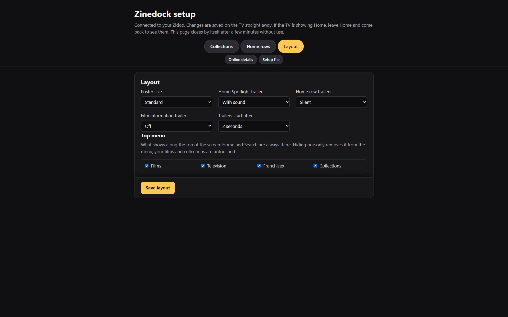 Real Zinedock browser Layout with poster size, top menu and trailer choices