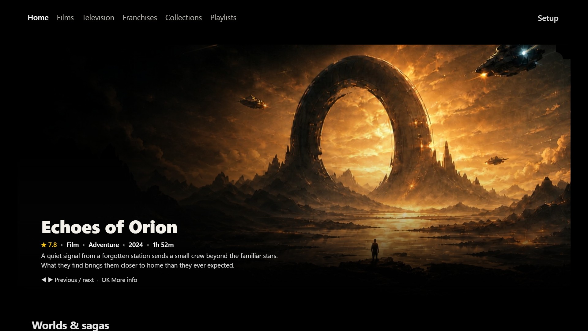 Real Zinedock TV Home, rendered at the Z9X 8K viewport with invented Echoes of Orion artwork