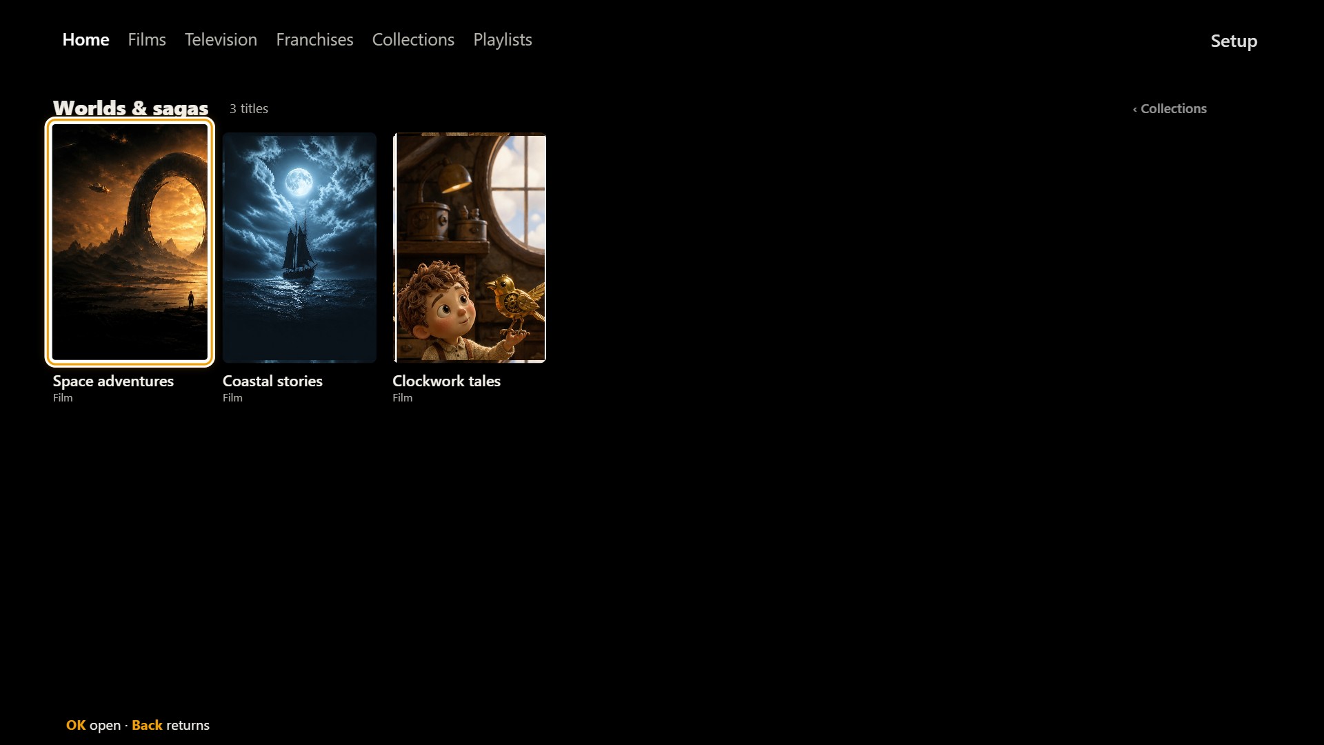 Real Zinedock TV nested collection with fictional Space adventures, Coastal stories and Clockwork tales